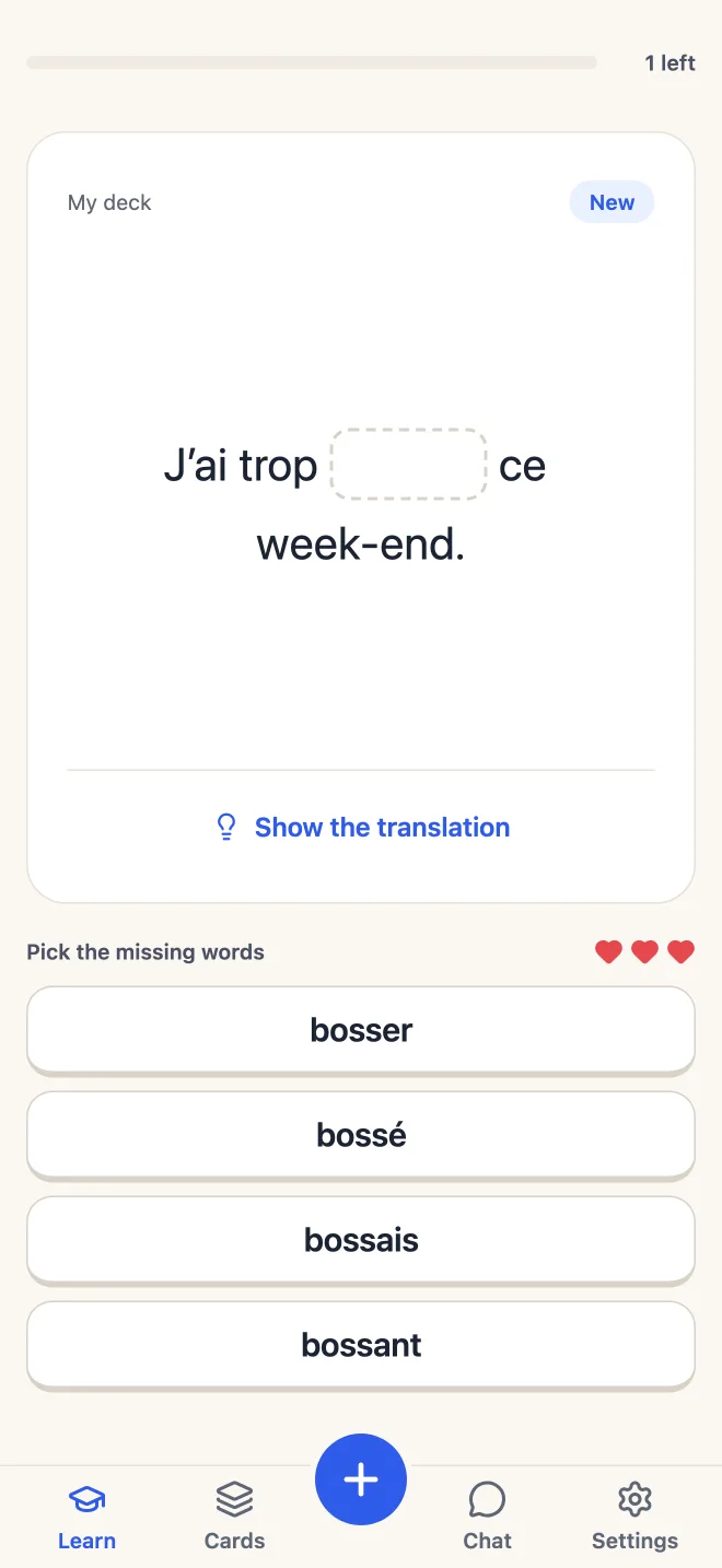 Learn: “J’ai trop ___ ce week-end.” with four answers to choose from.